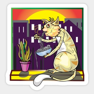 Cat Eating Spaghetti And Watching Sunset Scene Sticker